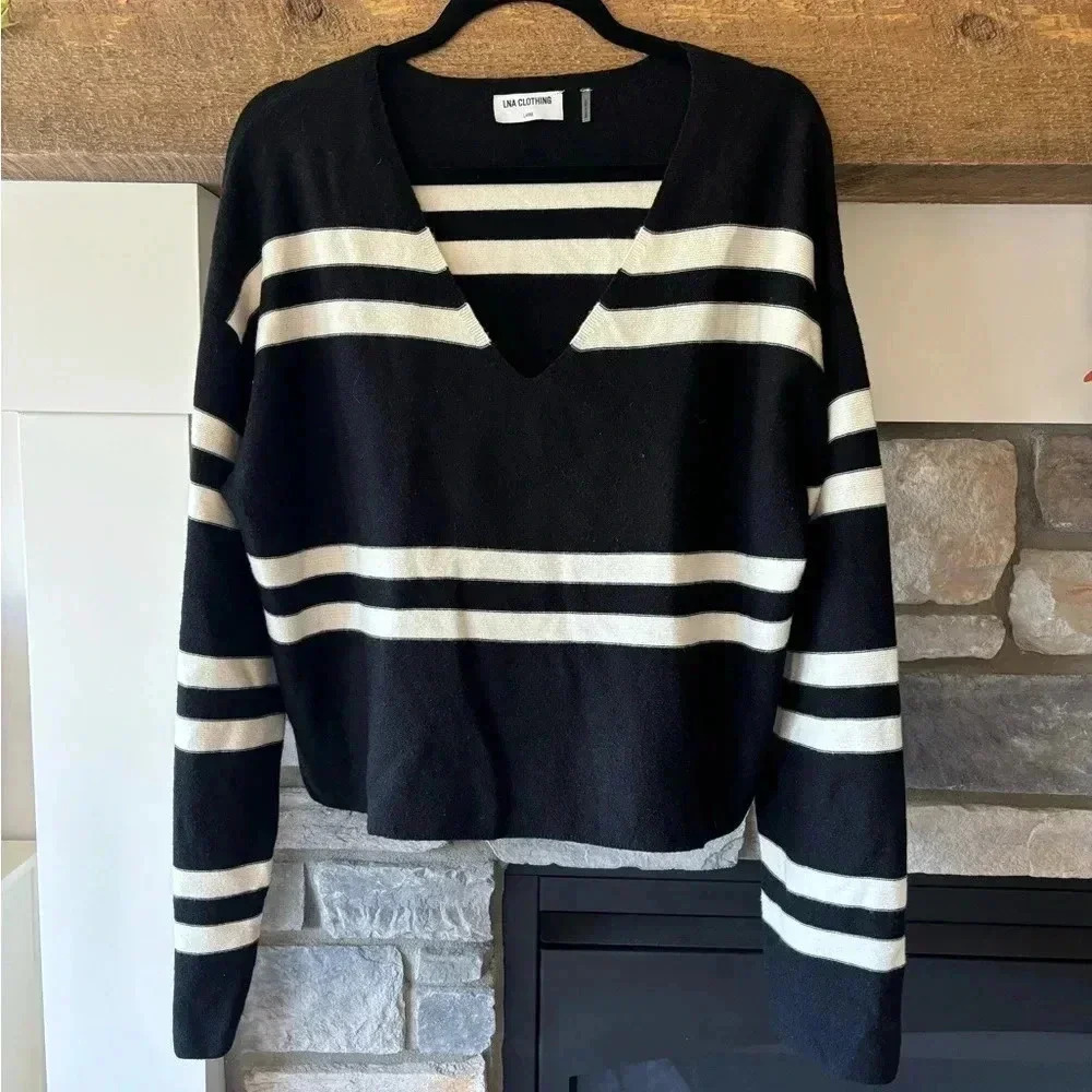 LNA‎ Clothing Pullover Sweater L Black White Stripe Oversized Grunge Goth Preppy